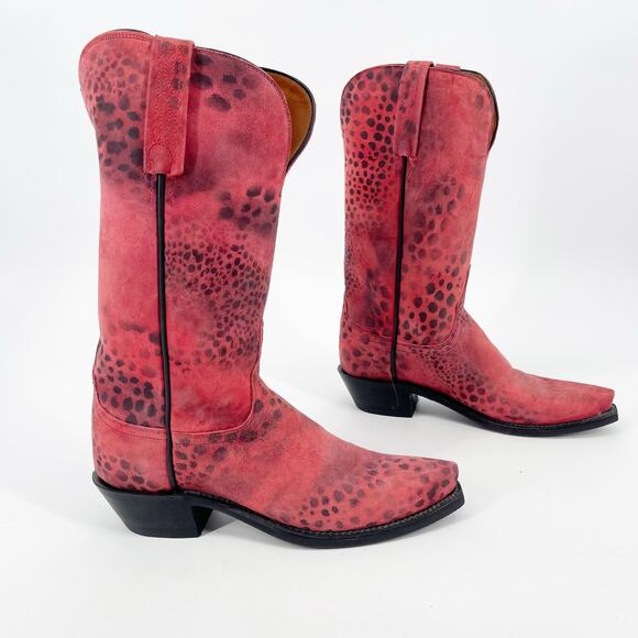 Lucchese Women’s 8 Pink Suede Cheetah Print Snip Toe Western Cowgirl Boots - Picture 1 of 12